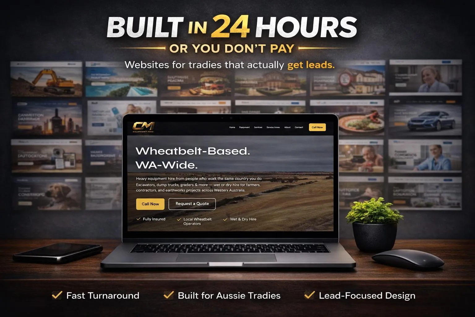 Built24 Co portfolio showcase - laptop displaying CM Equipment Hire website with multiple tradie websites in background